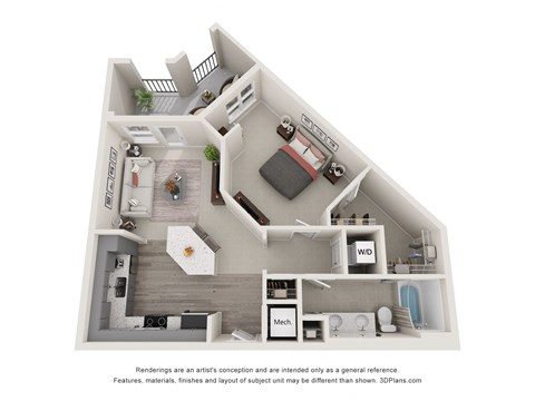 1 Bed 1 Bath Pettigrew Floor Plan | 816 Sq. Ft.  at Ellis Station, Durham, NC